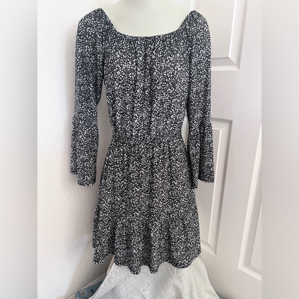 Michael Michael Kors Womens Floral Knit Scoop Neck A-Line Dress Black Size S